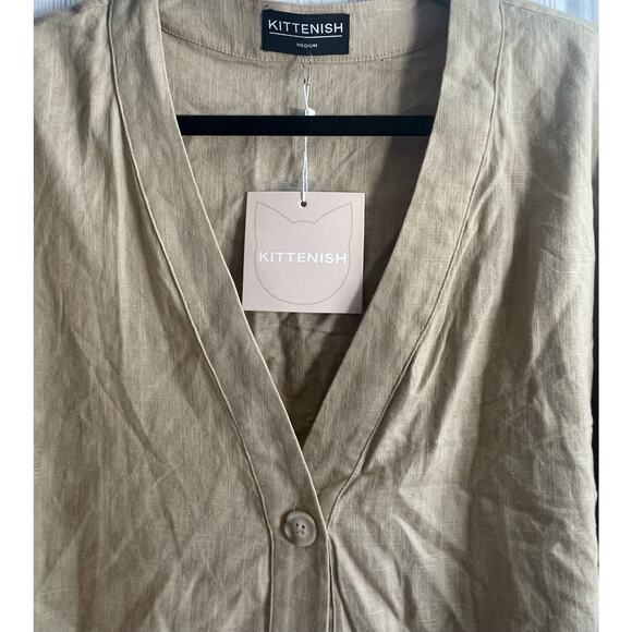 NEW Kittenish Beige Linen Blend Spring Long Sleeve Crop Shirt Size Medium - Picture 3 of 8